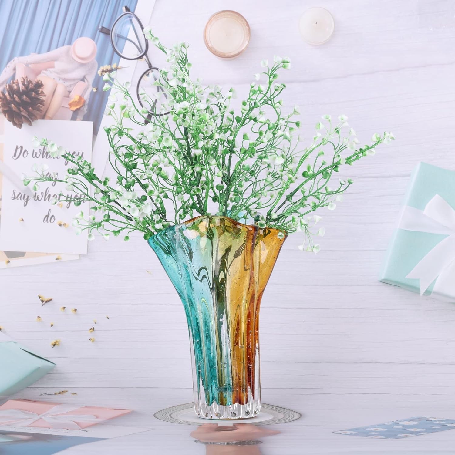 Hand Blown Wide Mouth Glass Vase Modern Art Petal Shape Table Decor