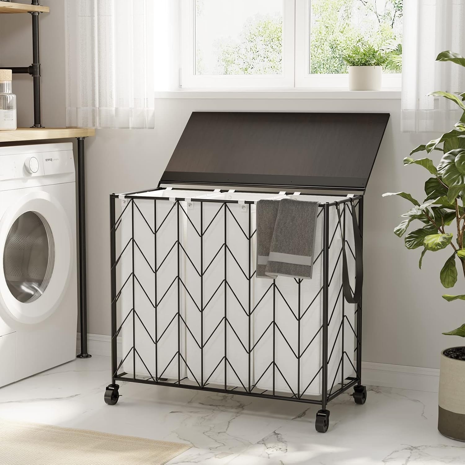 142L 3 Section Laundry Hamper Beige with Wheels Lid Heavy Duty Removable Bags