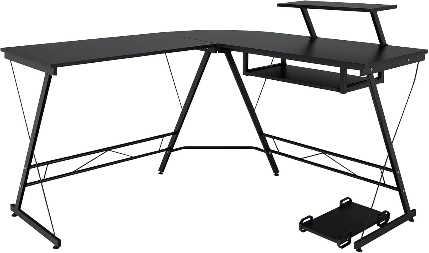 Black L-Shaped Computer Desk with Keyboard Tray & Monitor Shelf
