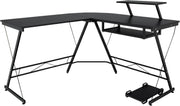Black L-Shaped Computer Desk with Keyboard Tray & Monitor Shelf
