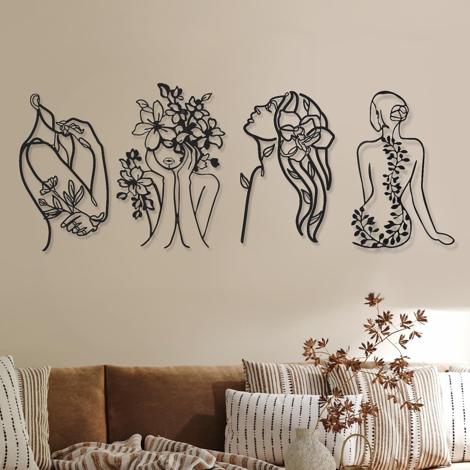 Black Metal Wall Art Set 4 Minimalist Woman Line Sculptures