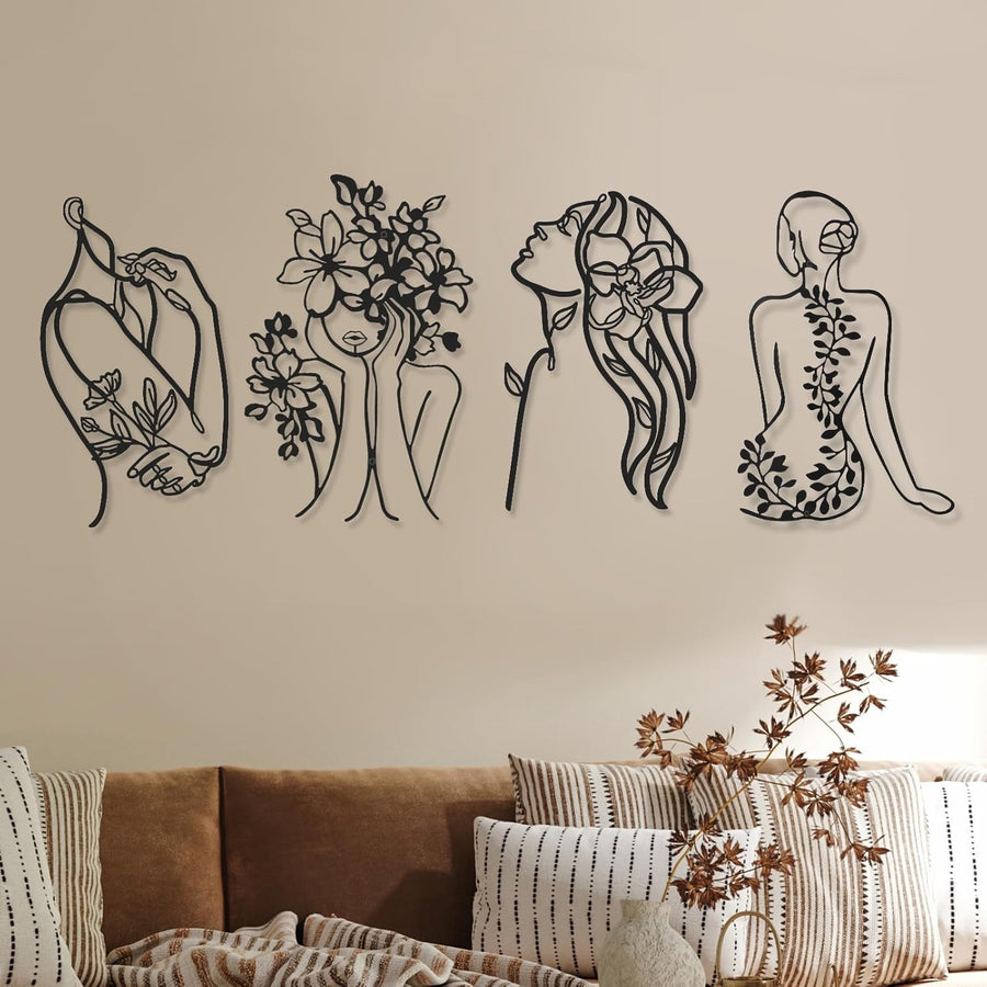 Black Metal Wall Art Set 4 Minimalist Woman Line Sculptures