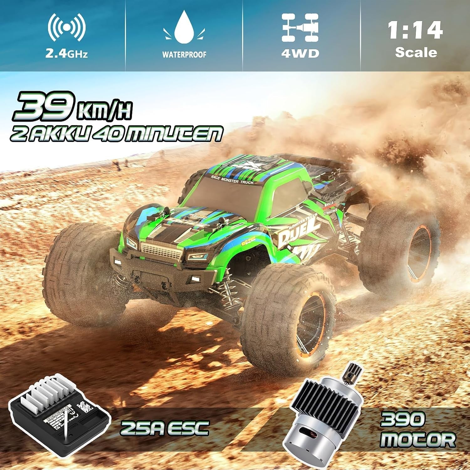 1:14 4WD High Speed RC Car 39KM/H Waterproof Off Road Monster Truck, 2.4GHz Hobb