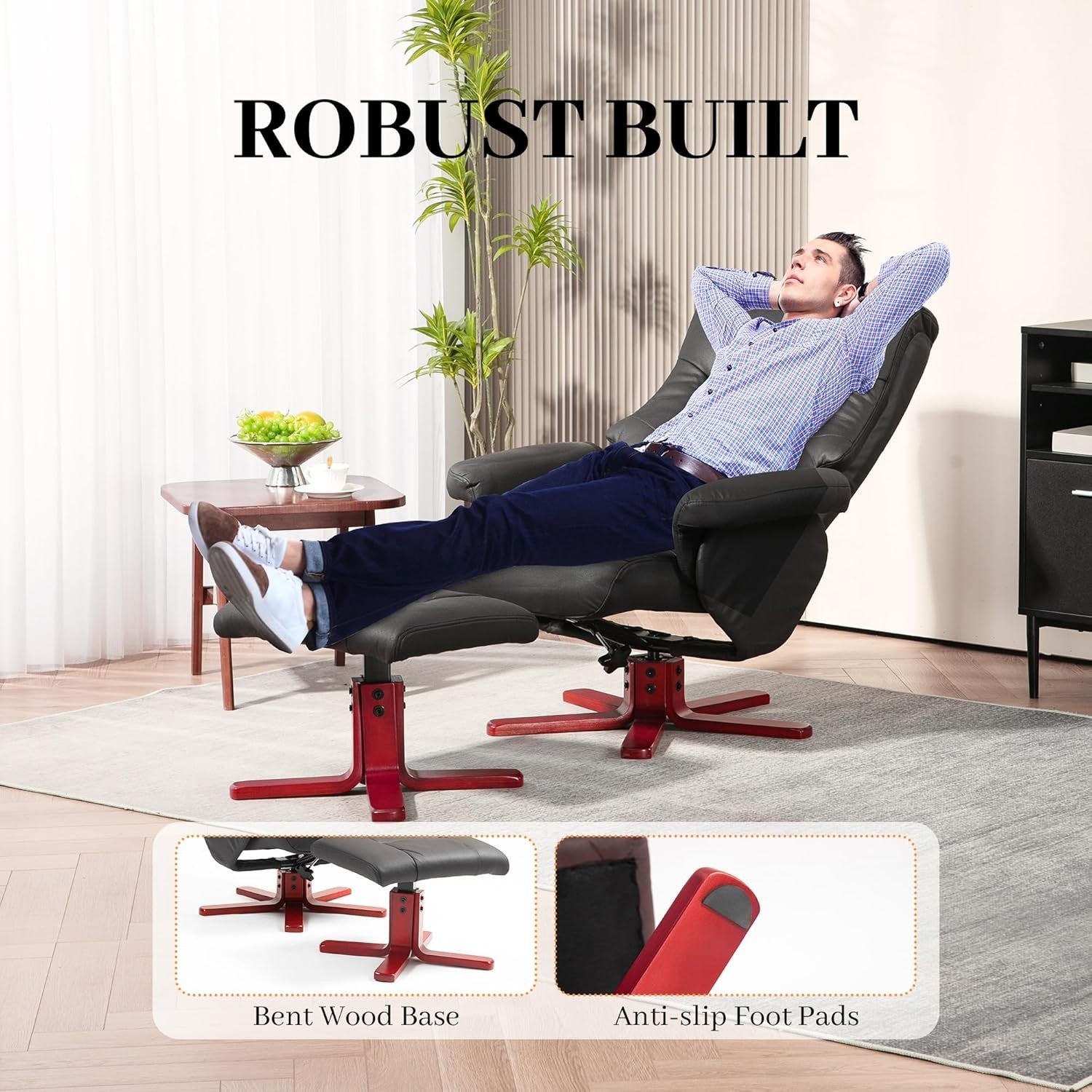 Black Recliner Armchair with Footstool Adjustable Lounge Chair for Bedroom