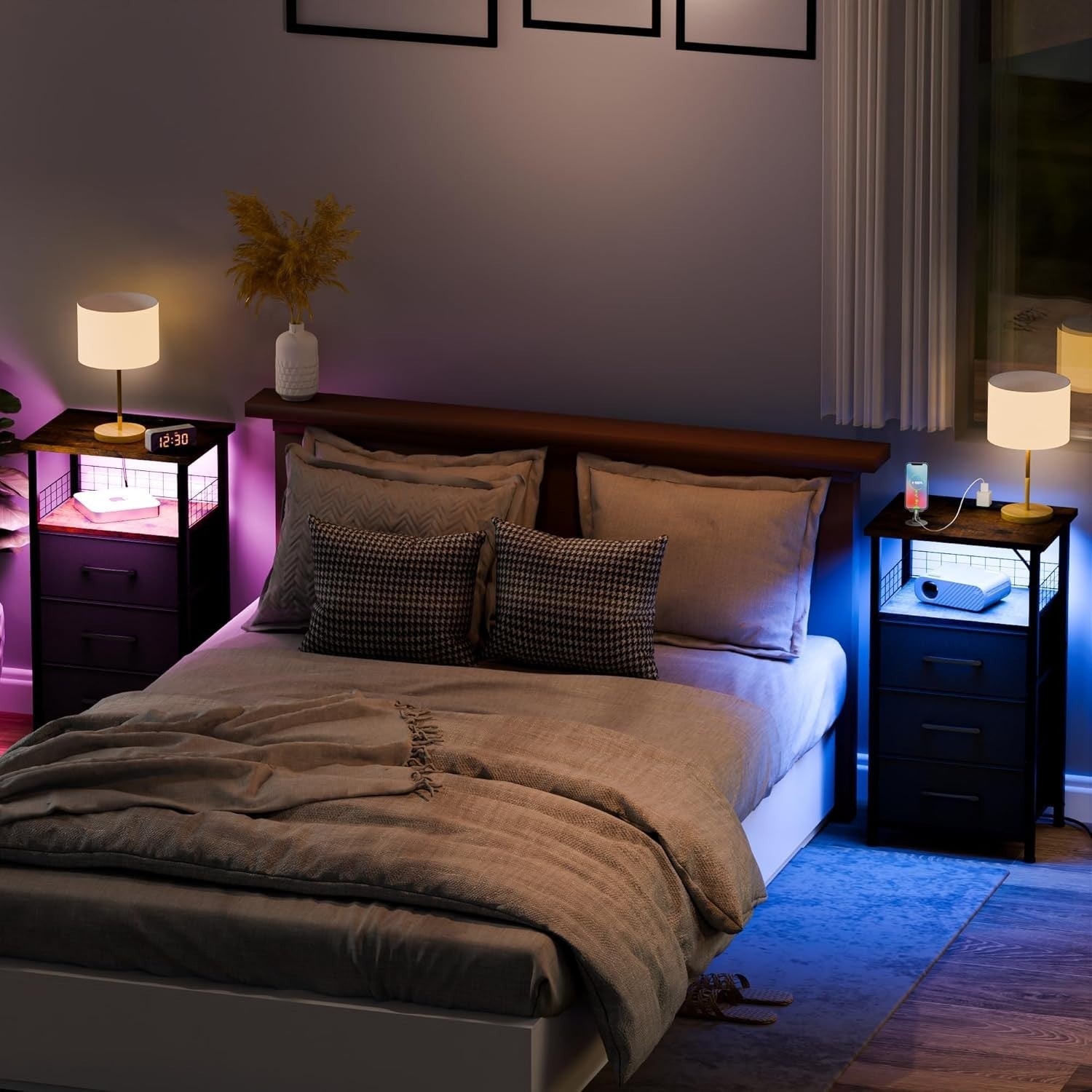 Set of 2 Rustic Brown LED Bedside Tables with 3 Drawers & USB Charging Ports
