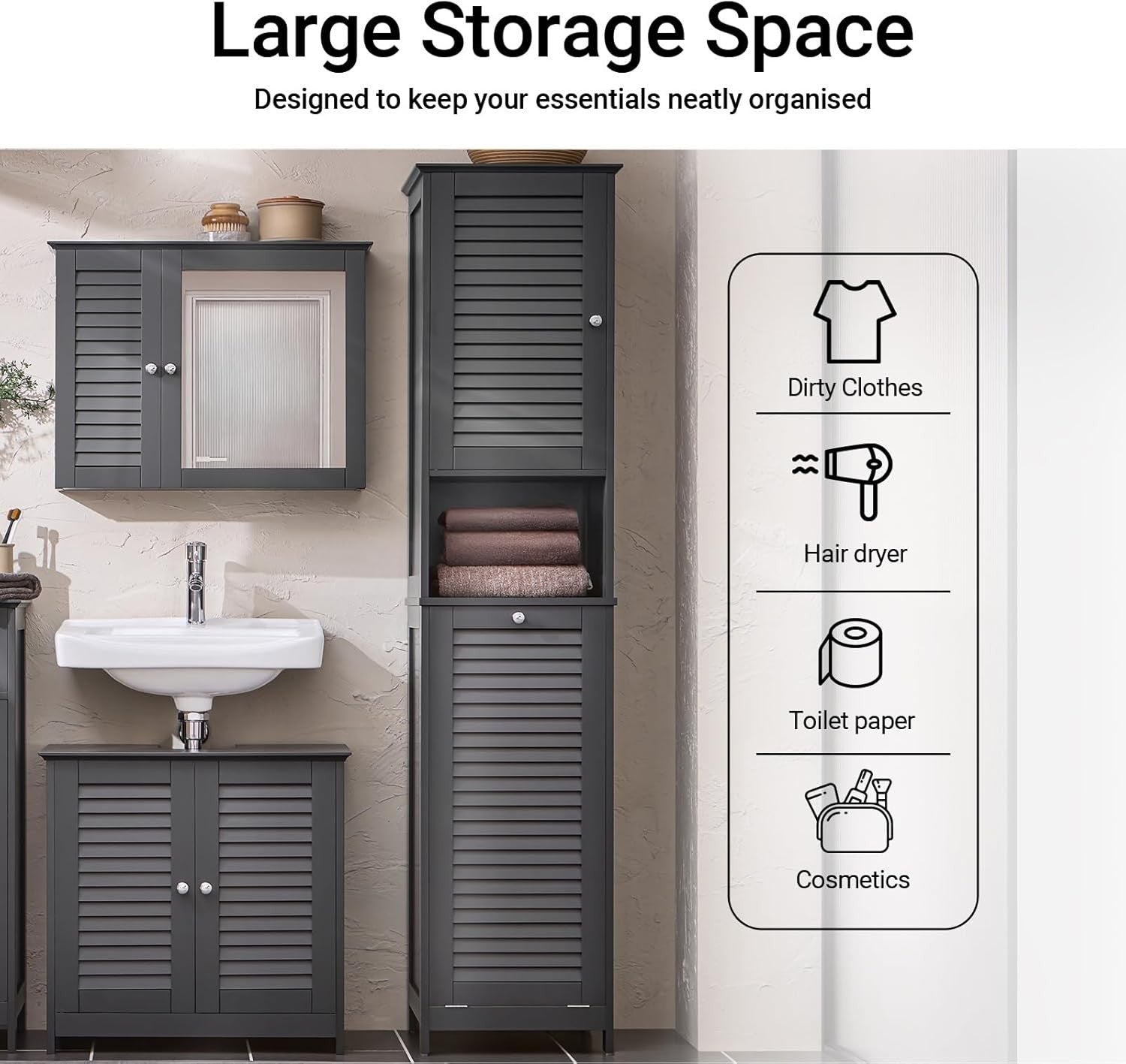 Tall Bathroom Storage Cabinet with Laundry Basket Slim Freestanding Unit Grey