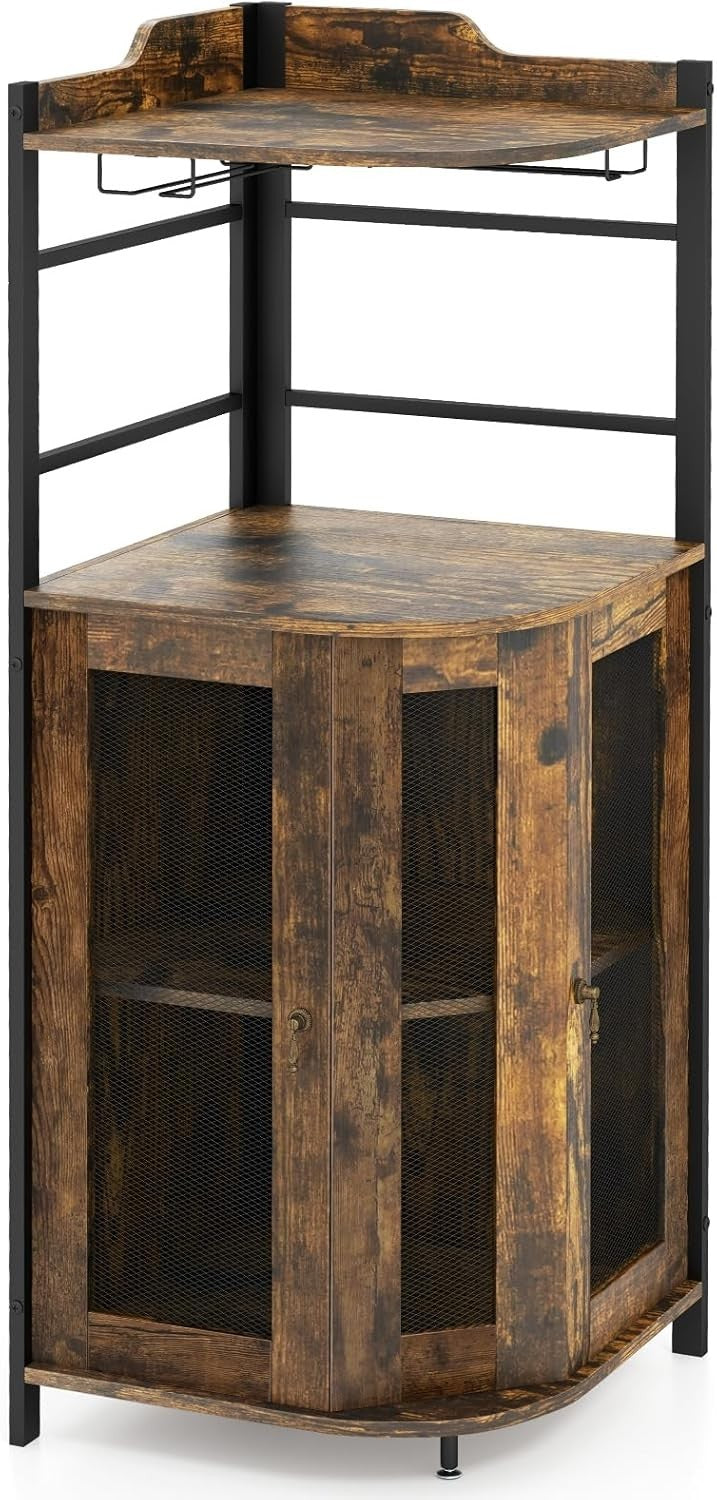 Corner Bar Cabinet Rustic Brown Wine Glass Rack & Liquor Storage Shelves Unit