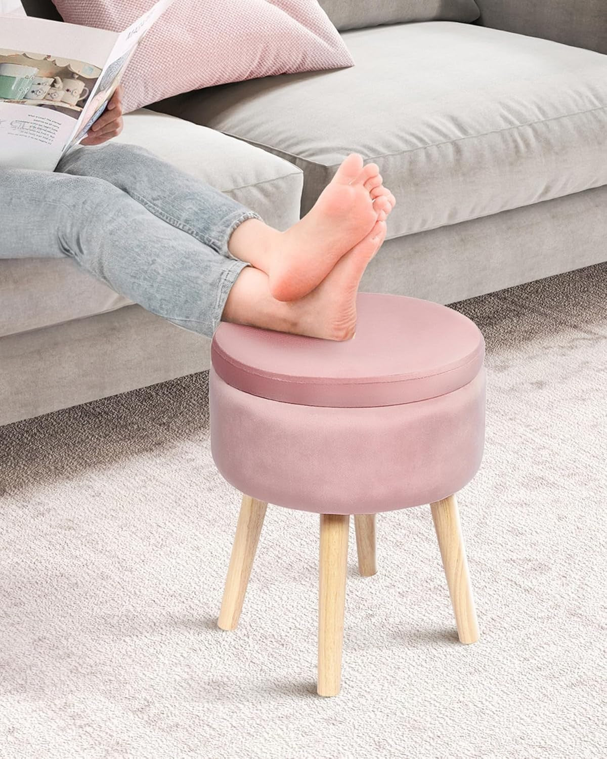 Pink Velvet Round Storage Ottoman Stool Flip-Top Footrest Coffee Table Seat