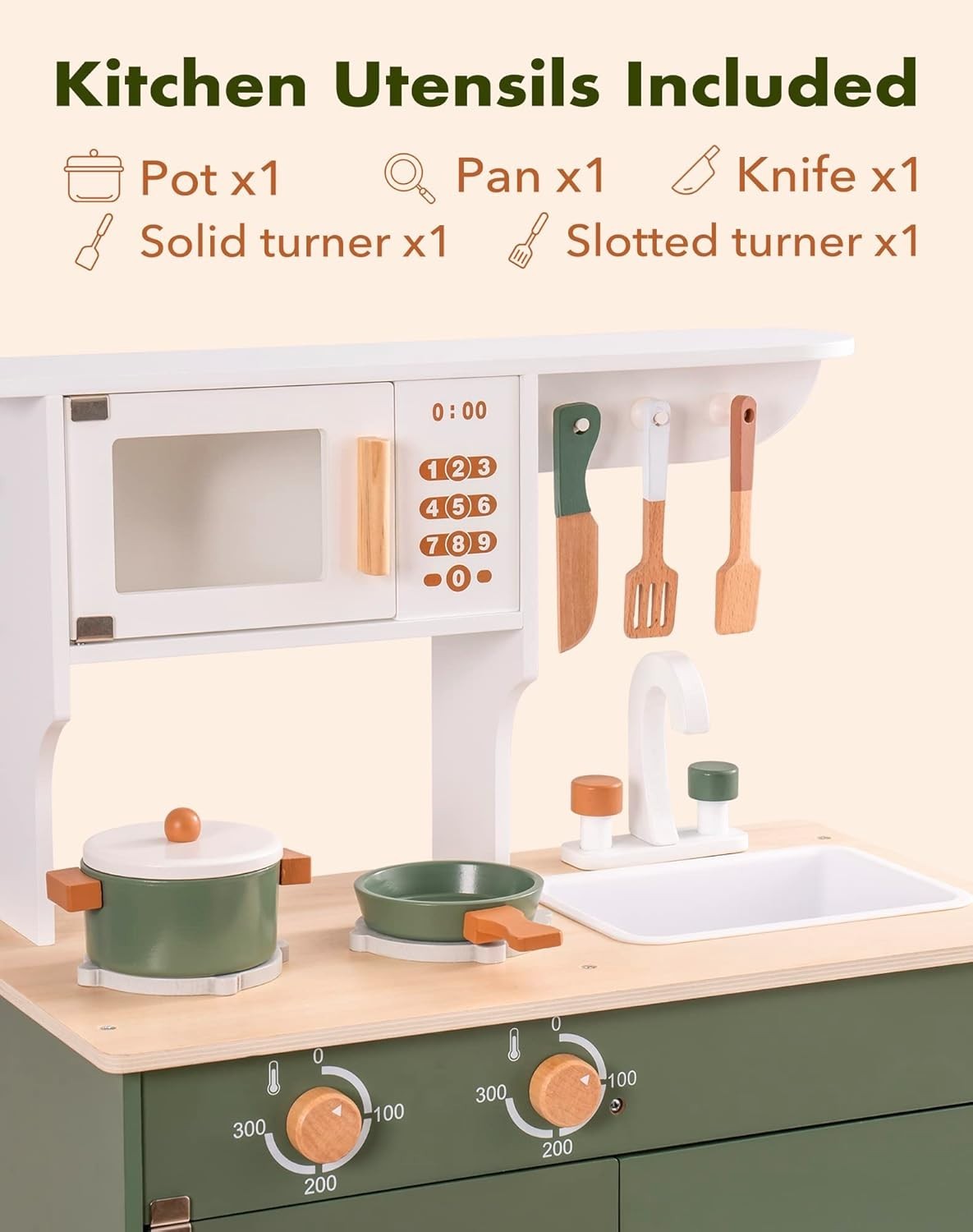 Wooden Kids Play Kitchen w/ Ice Dispenser Vintage Green Toy
