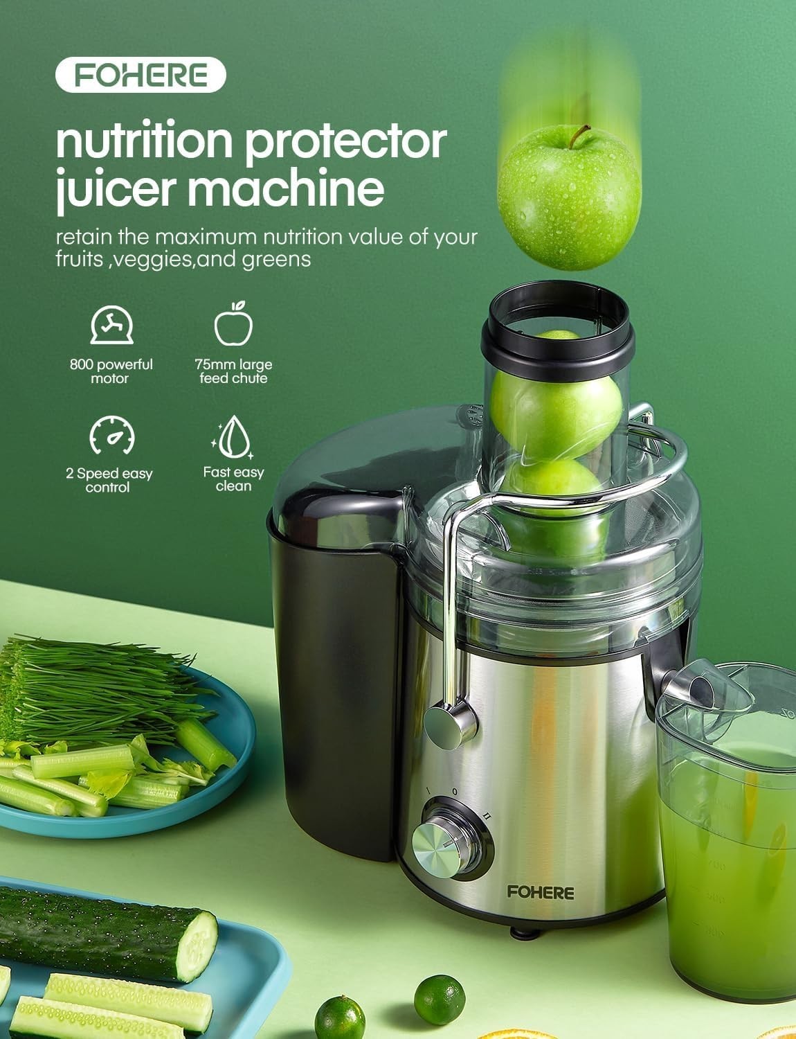 1000W Centrifugal Juicer 75mm Wide Chute Dual Speed Easy Clean Whole Fruit