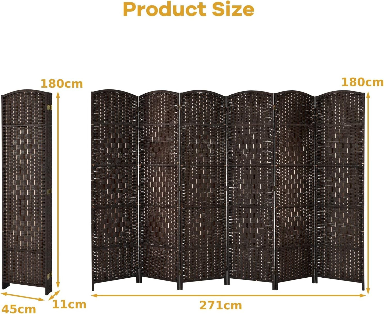 6 Panel Brown Wicker Folding Room Divider Privacy Screen for Home Office Décor