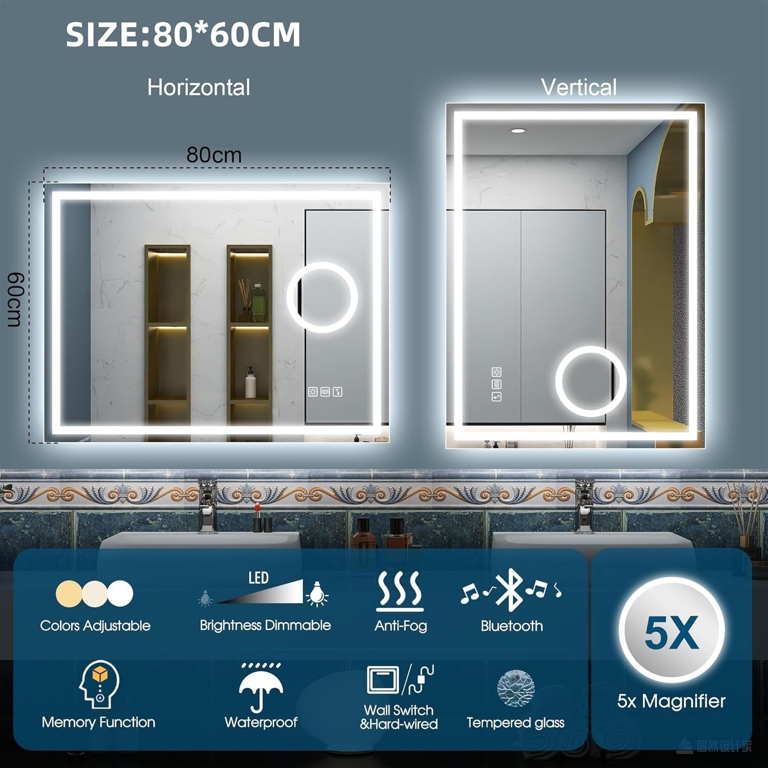 LED Bathroom Mirror 60x80 cm with Bluetooth, 5x Magnifier, Anti-Fog, Dimmable