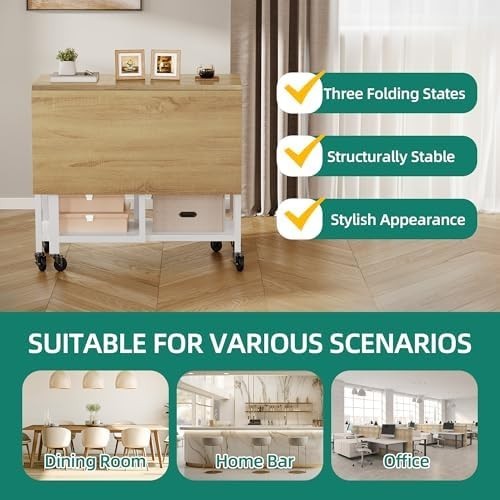 Mobile Folding Dining Table with Drawers & Wheels 120x80cm Space-Saving