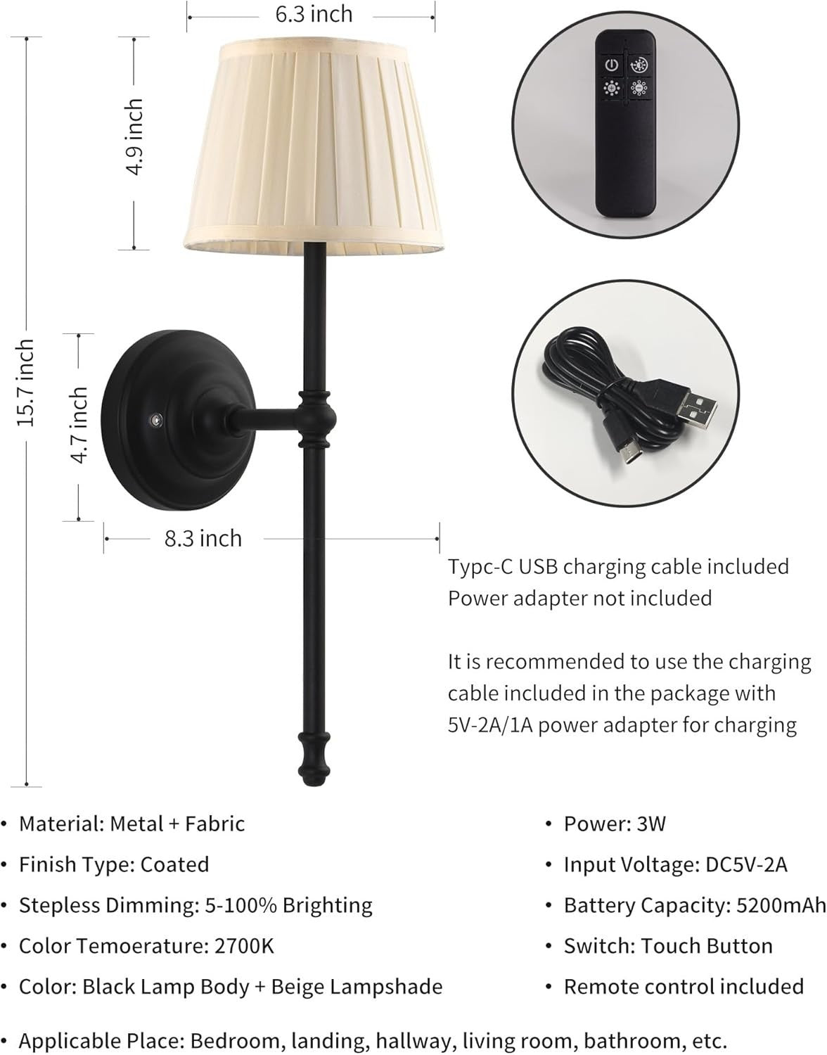Cordless LED Wall Lights Set of 2 with Remote, Dimmable, Rechargeable