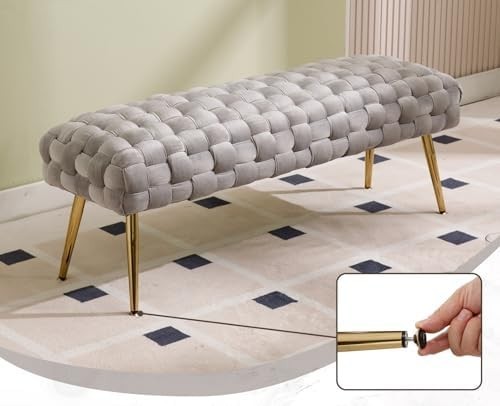 Velvet Ottoman Bench with Gold Metal Legs, Grey Upholstered Entryway Seat
