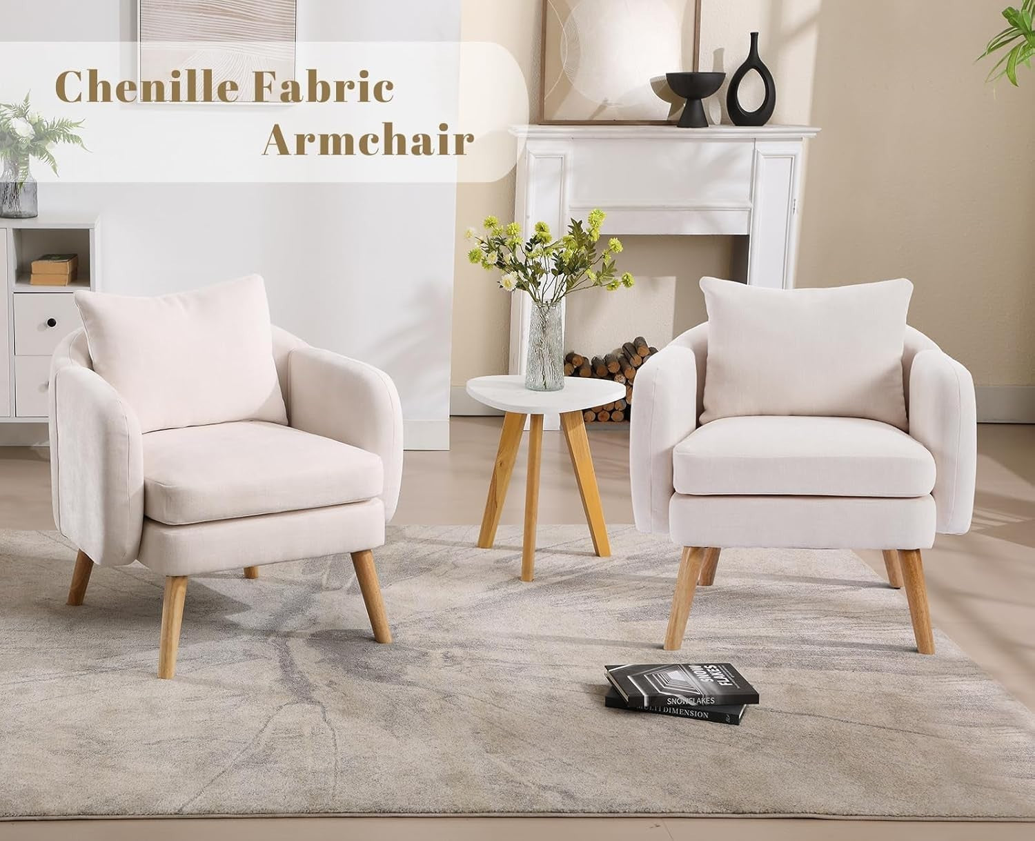 Beige Accent Armchair Chenille Lounge Chair with Wood Legs for Living Room