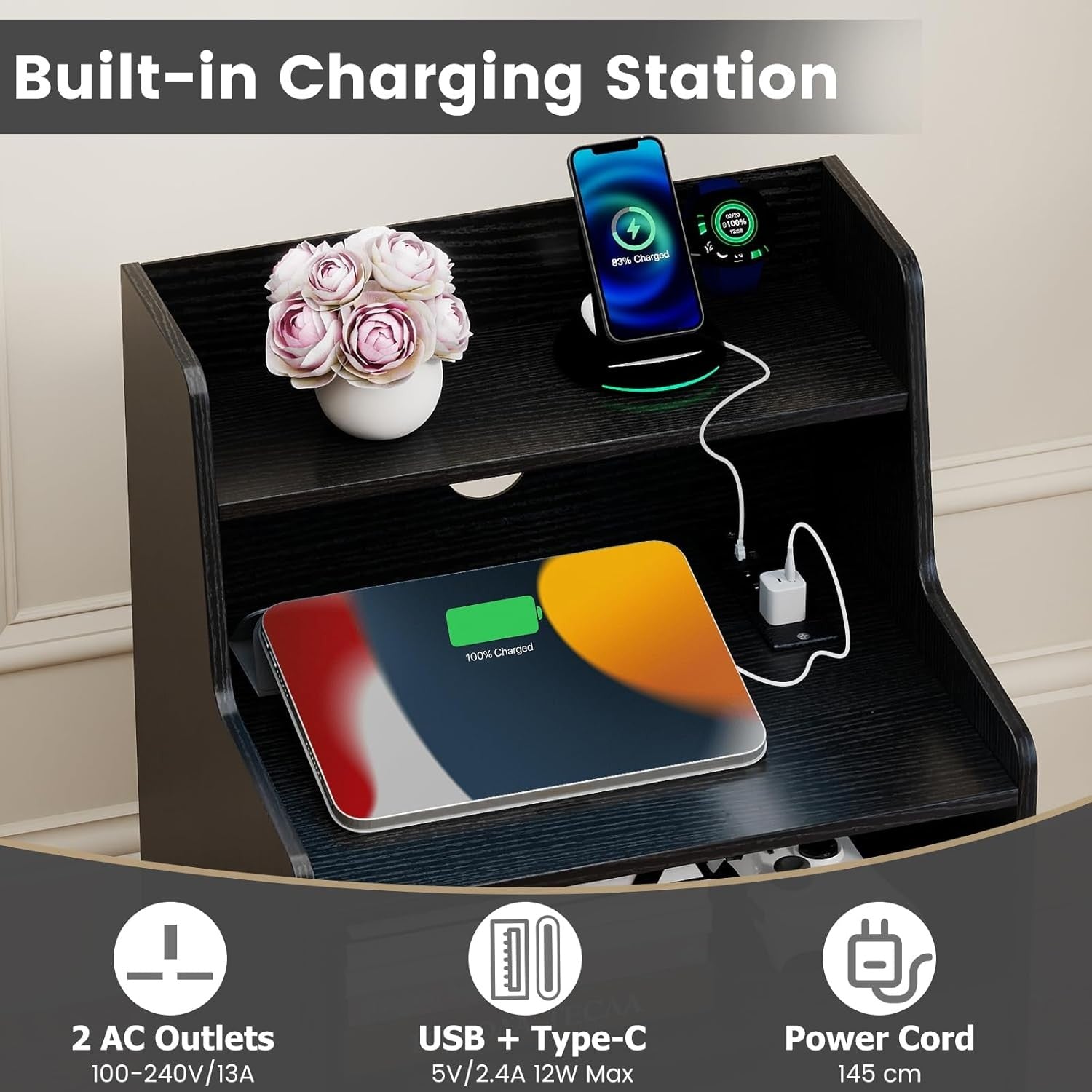 Black LED Bedside Tables with Charging Station, Drawers & RGB Display Shelves