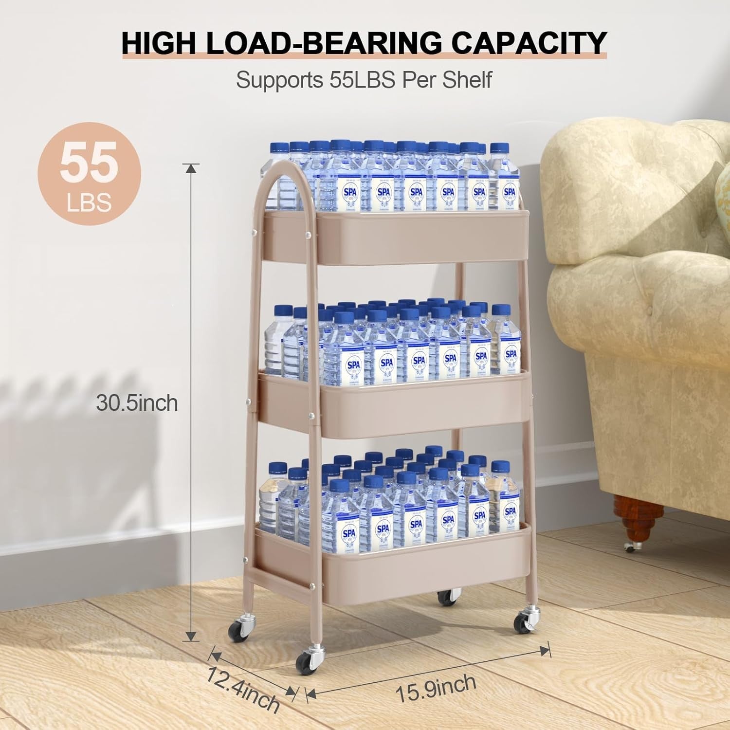 3 Tier Utility Rolling Cart Metal Storage Trolley Lockable Wheels Handle