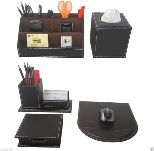 5-Piece PU Leather Desk Organizer Set with Pen, Memo & Tissue Holder