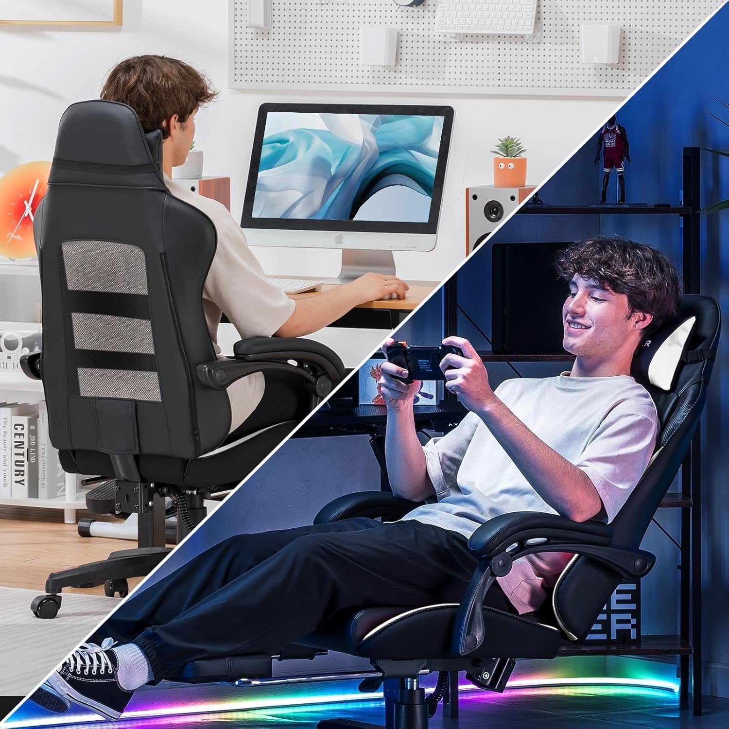 Gaming Chair High Back Leather Footrest Ergonomic White