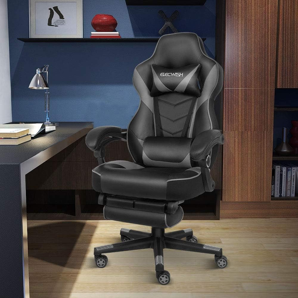 Gaming Chair with Massage & Footrest Reclining Ergonomic Grey