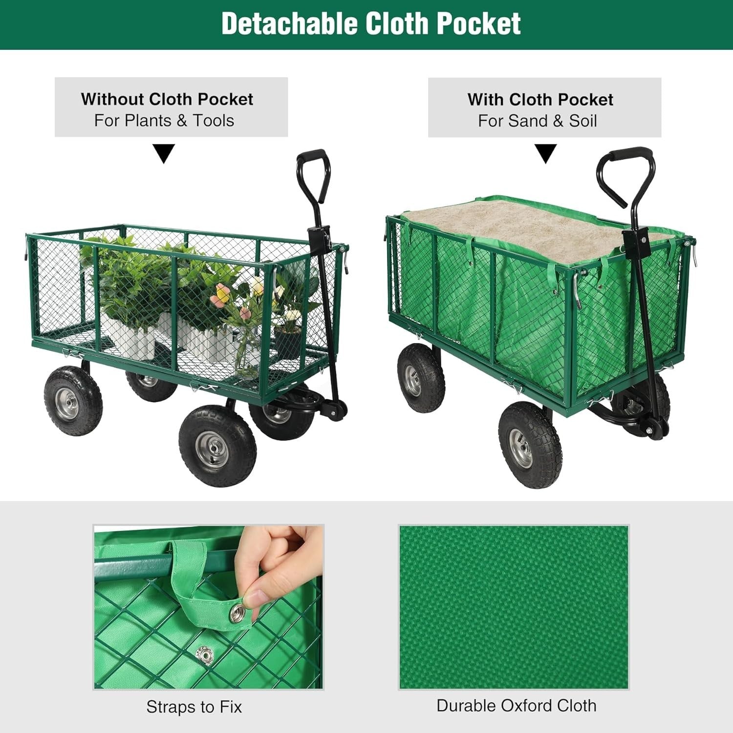 Oversized Heavy Duty Garden Cart 650lb Capacity Flatbed Wagon w/ Removable Sides