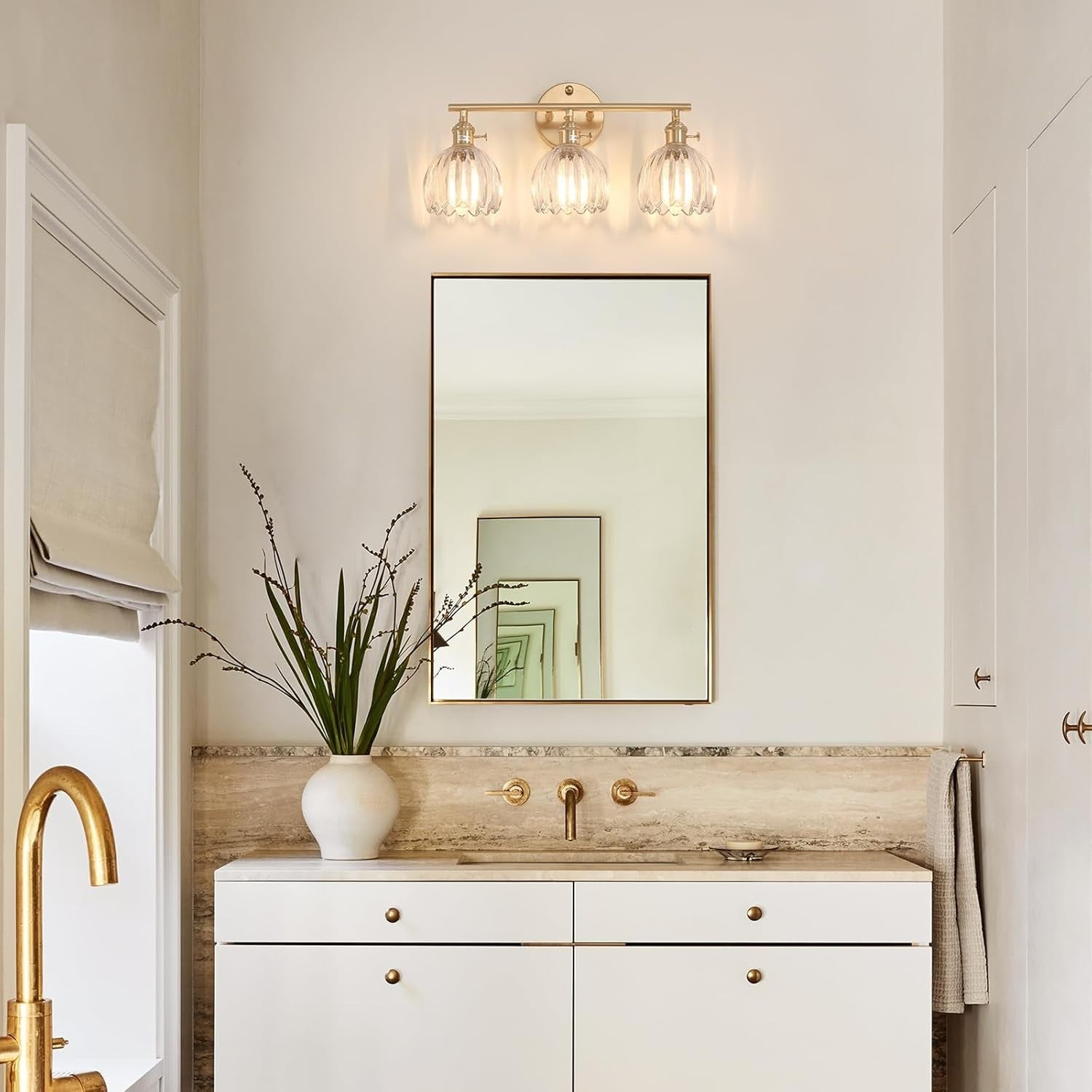 3-Light Clear Glass Wall Sconce Vanity Light Brass Fixture for Bathroom