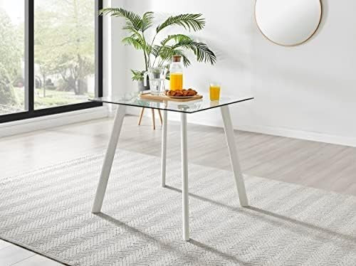 Square Glass Dining Table 80cm White Metal Legs Modern Industrial 4-Seater