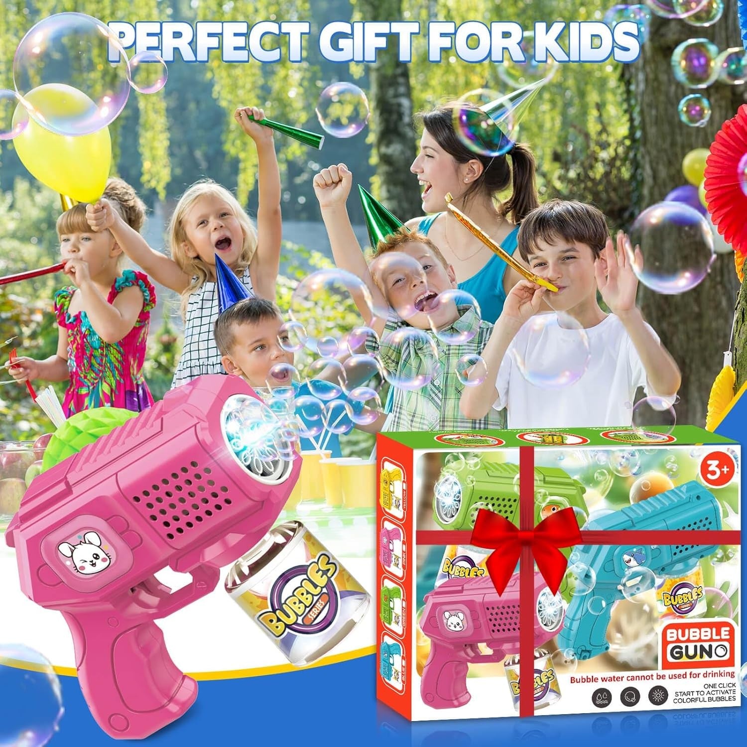 3 Pack Light Up Bubble Guns Kids Party Toy Set with Solution