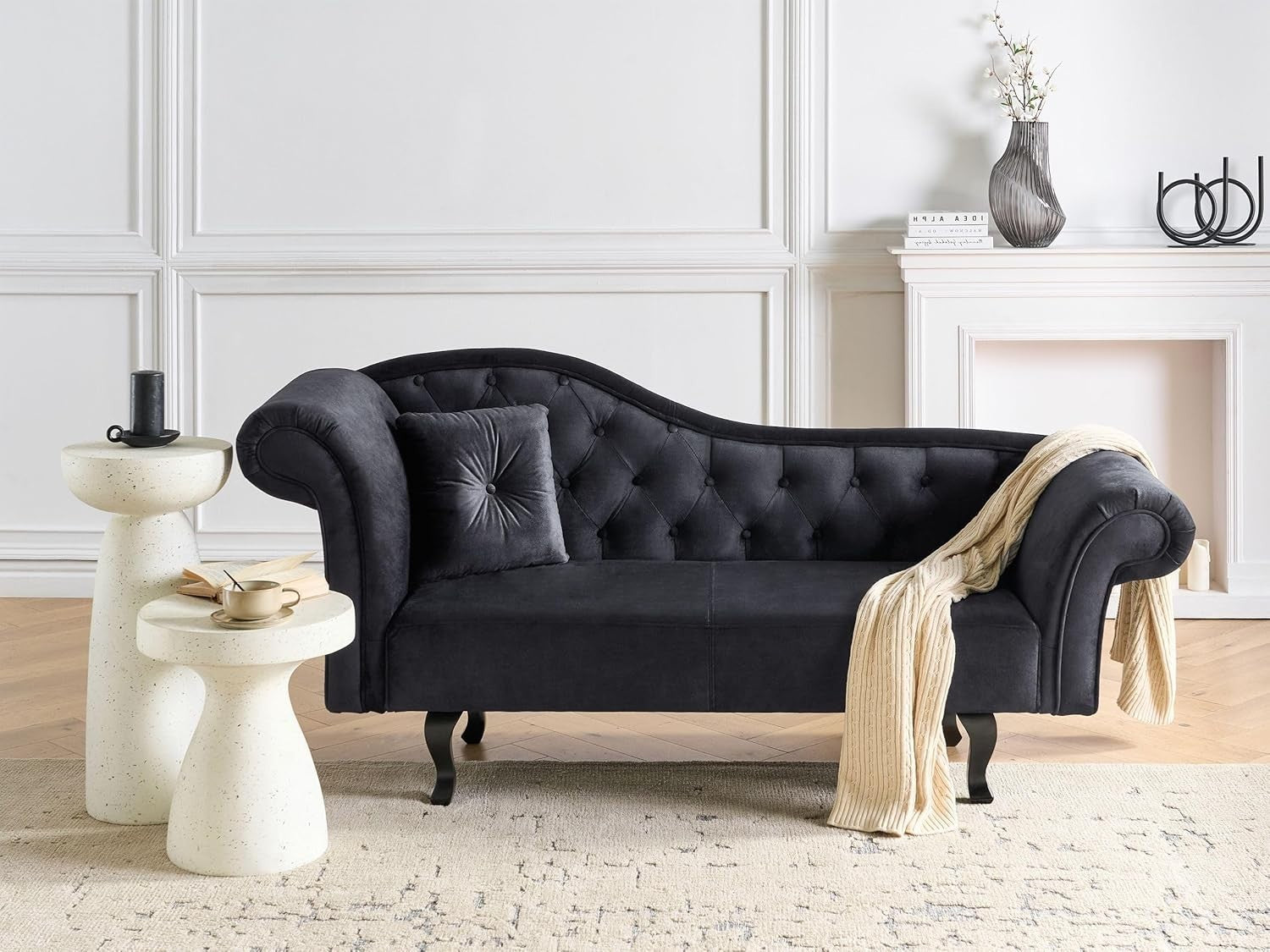 Black Velvet Left Hand Chaise Lounge | Button Tufted, Cushion, Wood Legs