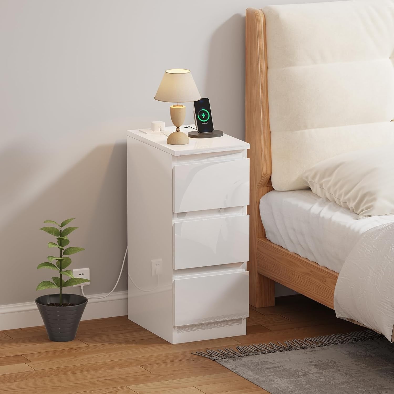Slim Bedside Table with USB Charging Ports, 3-Drawer Narrow White Nightstand