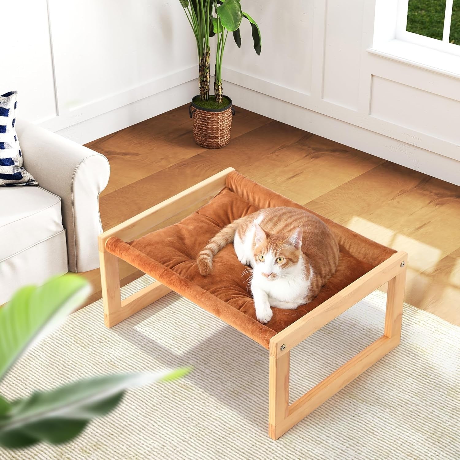 Wooden Cat Hammock Bed Plush Velvet Pet Sofa Cushion Small Animals