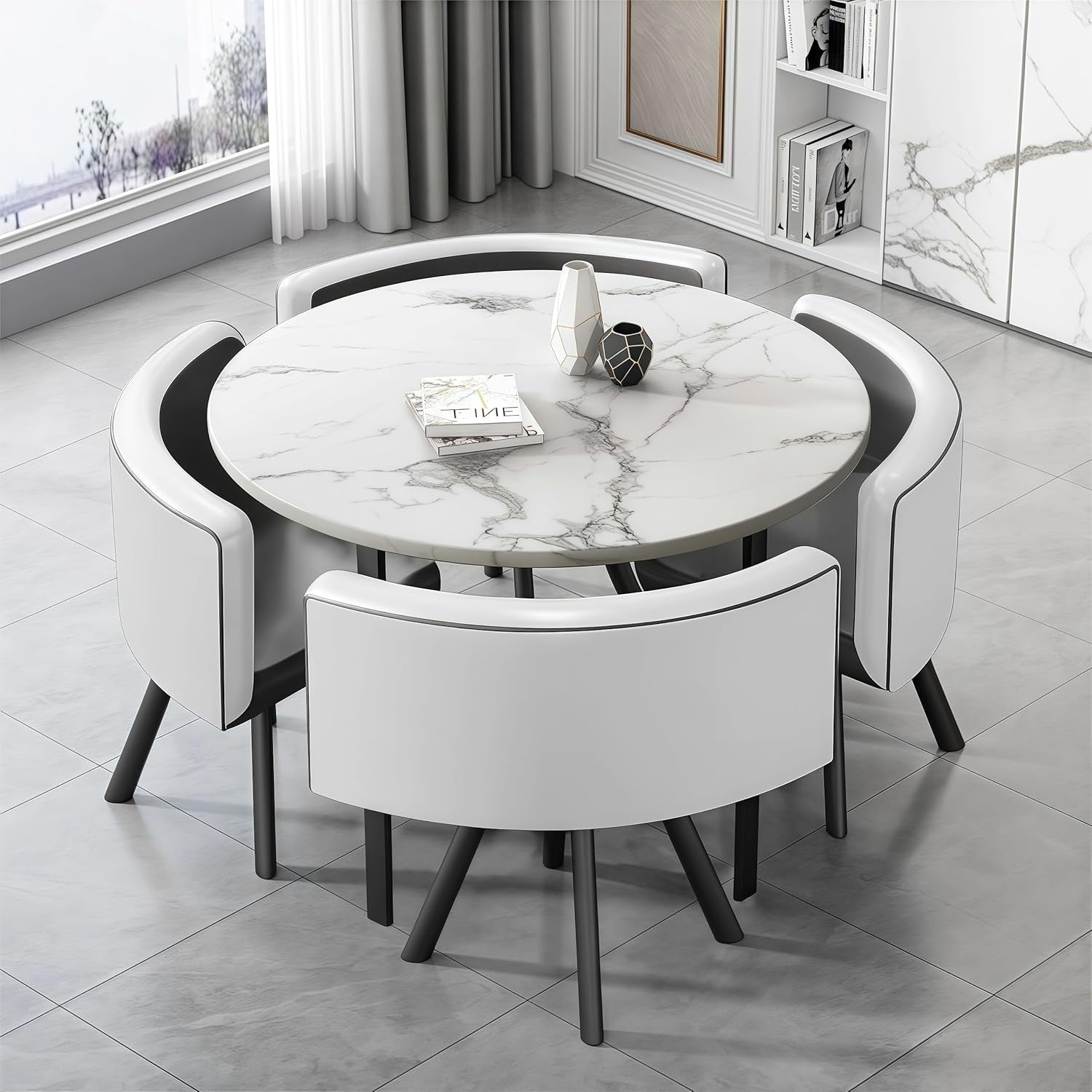 Modern White 35.4" Dining Set w/ 4 Black Chairs – Space-Saving Faux Marble Table