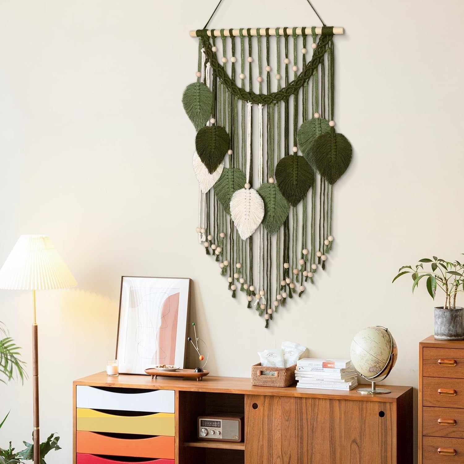 Macrame Wall Hanging Boho Leaf Woven Decor Green & White
