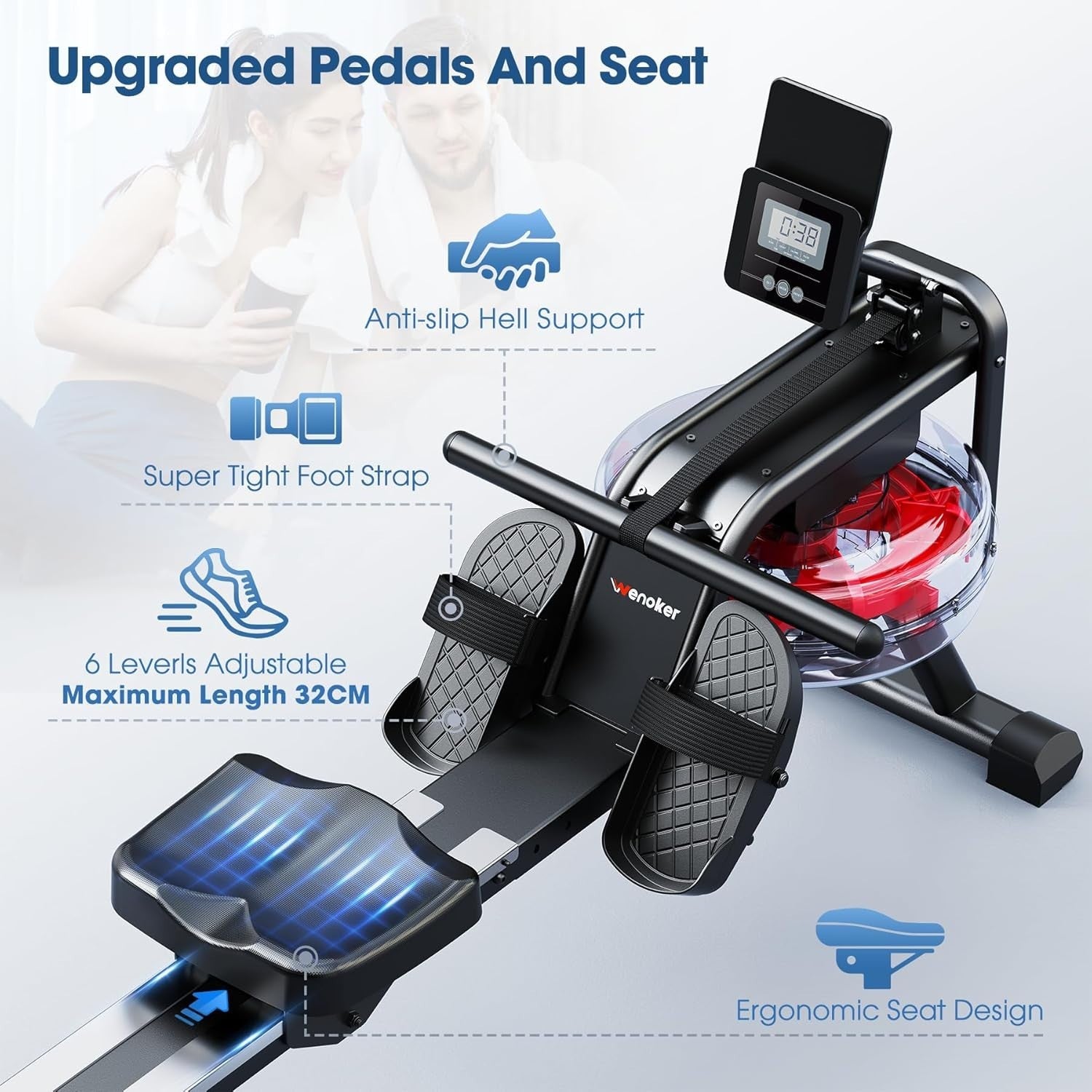 Foldable Water Rowing Machine 6-Level Resistance Bluetooth LCD Quiet Home Gym