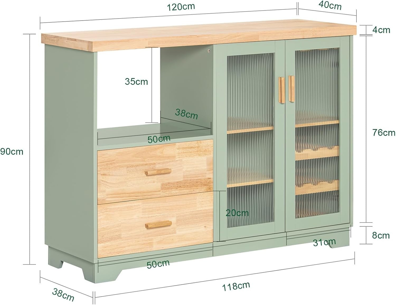 Kitchen Sideboard Cabinet with Microwave Shelf & Wine Rack Green 120x40cm