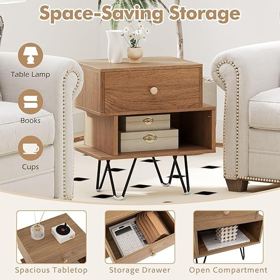 Wooden Bedside Tables Set of 2 with Drawer & Shelf, Metal Hairpin Legs, Modern