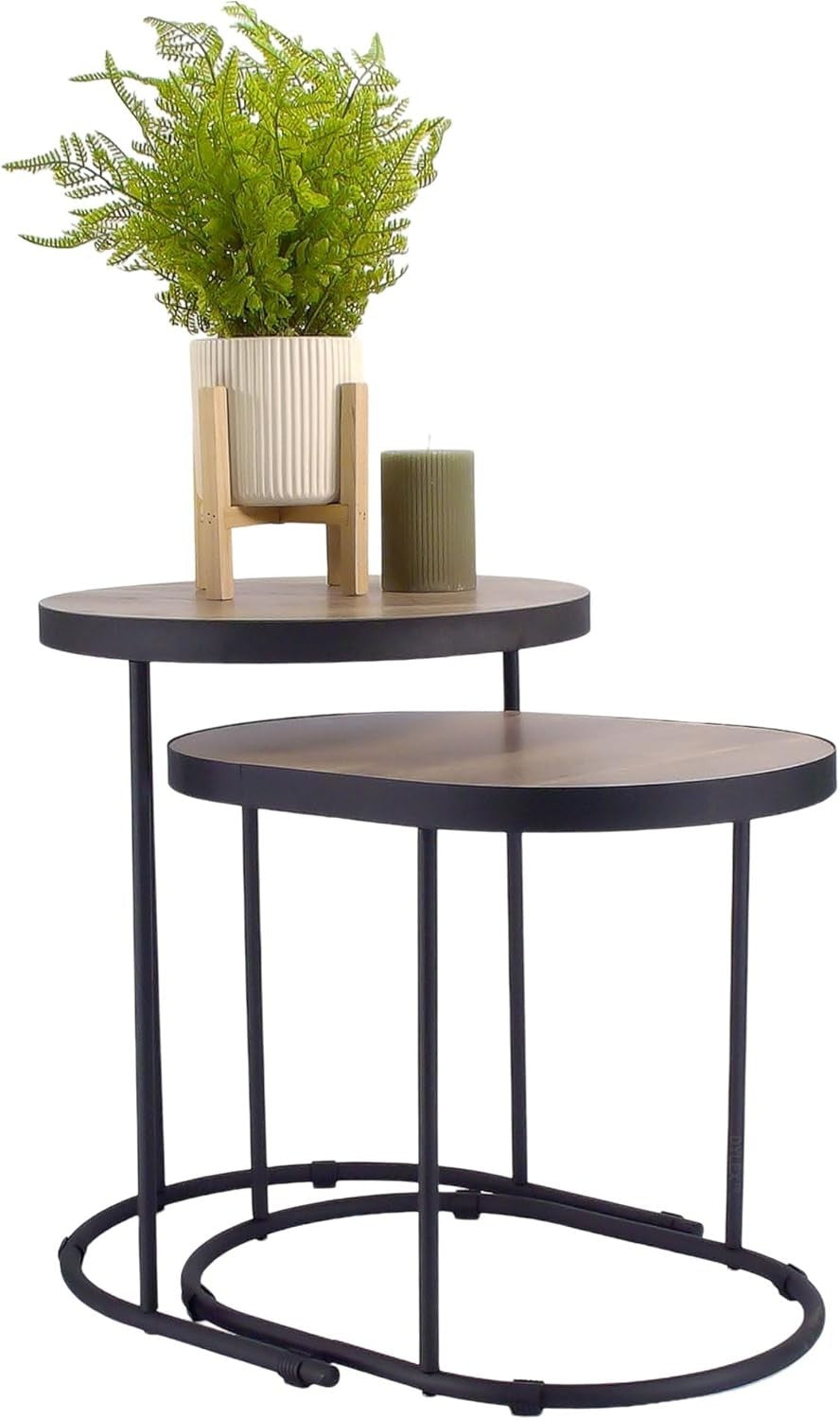Space Saving Nesting Side Tables Set of 2, Metal Wood Coffee End Table Black