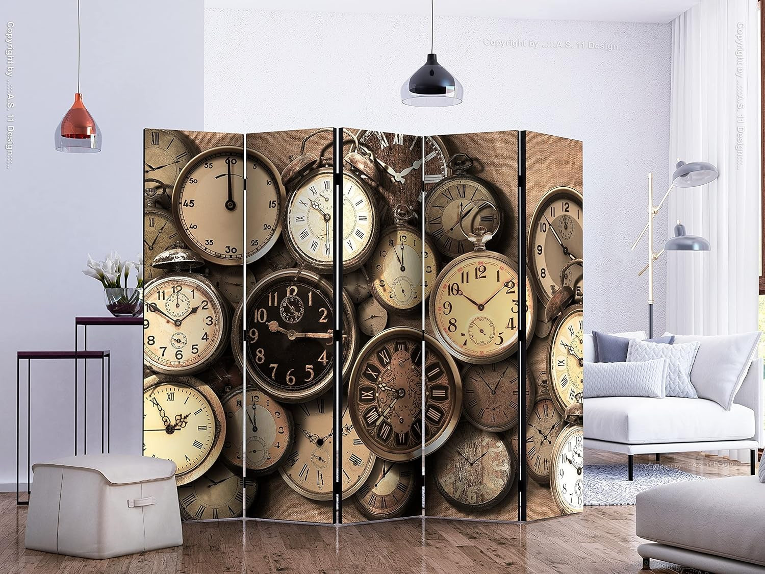 Retro Vintage Clock Print Room Divider 5-Panel Double-Sided Folding Screen