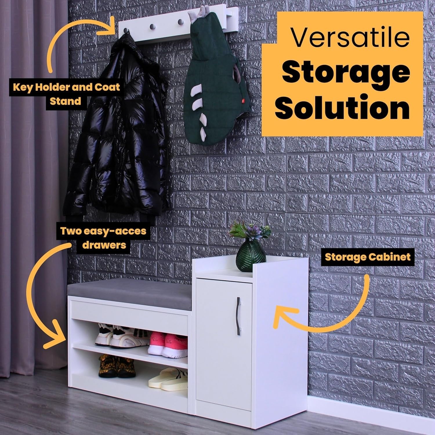 White Shoe Bench with Cushion & Wall Coat Rack Set Hallway Storage 100x35x60cm