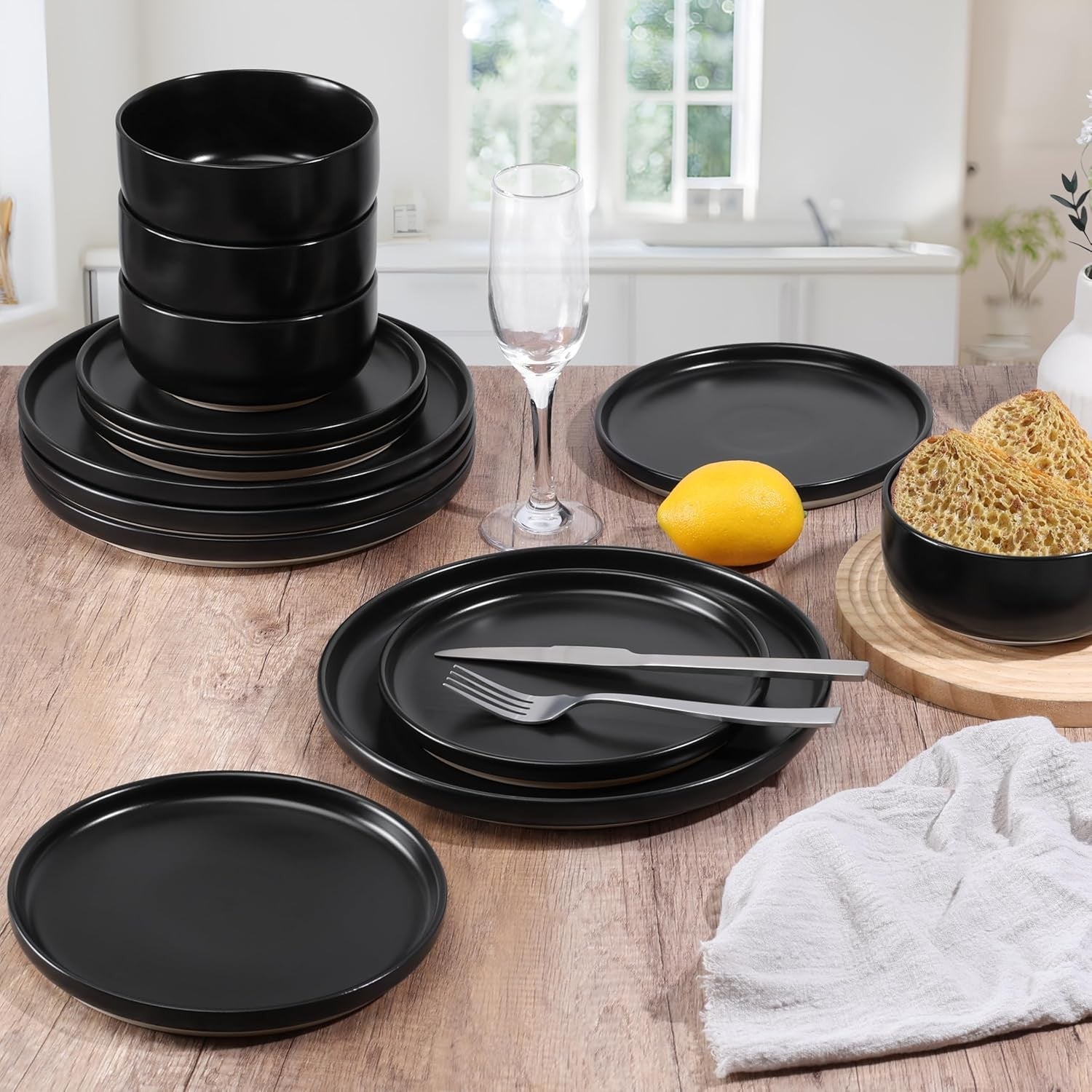 12pc Stoneware Dinnerware Set Plates Bowls Matte Black for 4