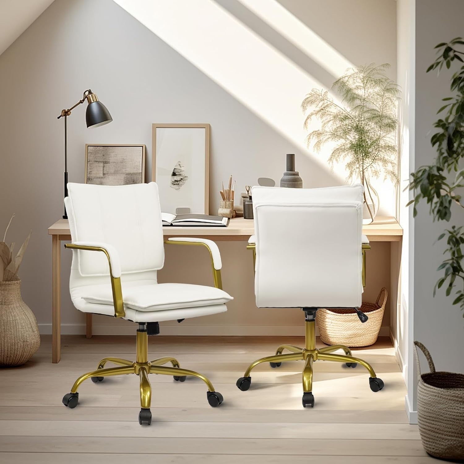 Executive Ergonomic Office Desk Chair White Faux Leather Adjustable Swivel Rolli