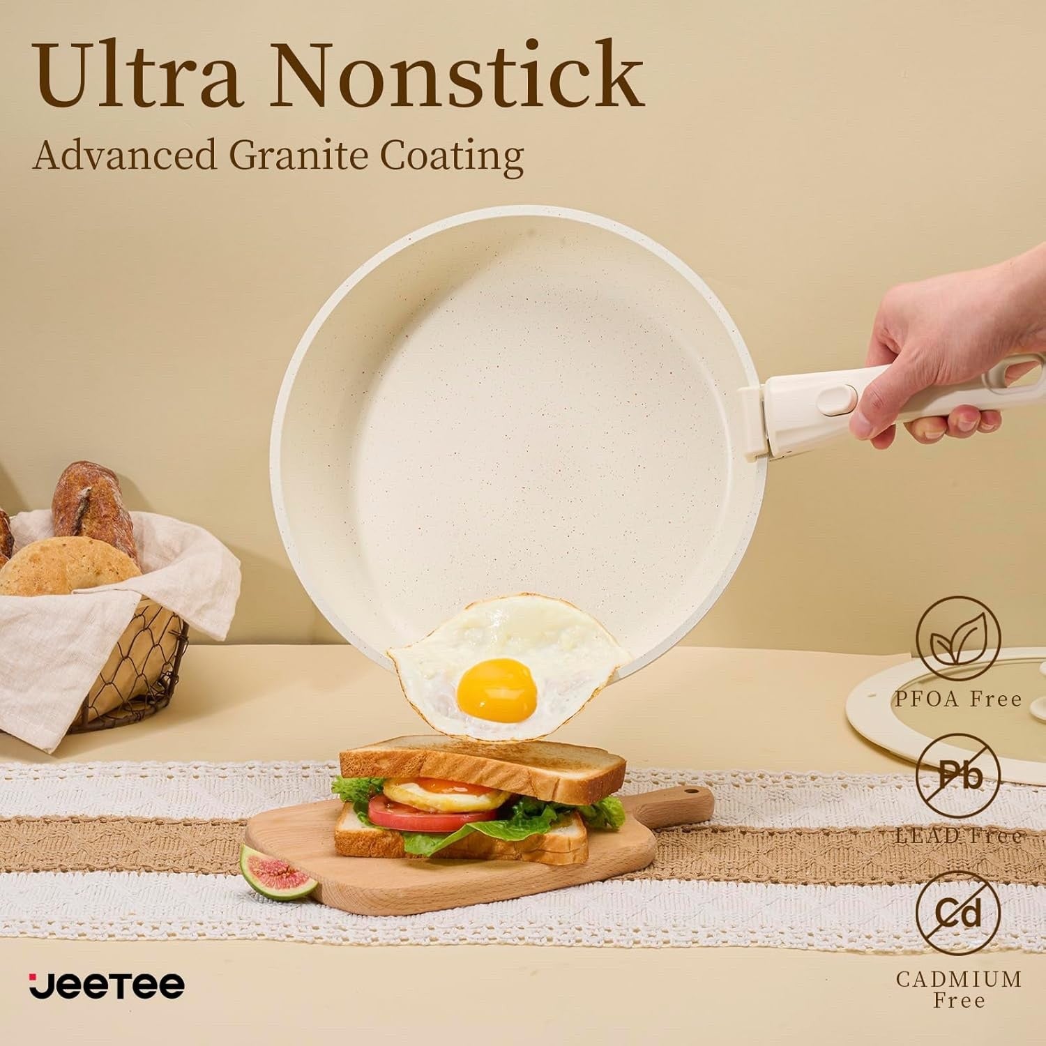 17pcs Beige Non Stick Cookware Set with Detachable Handles  Induction Oven Safe