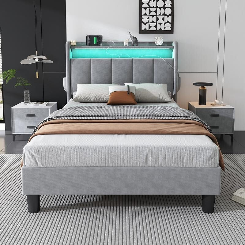 Single Bed 3FT Grey Velvet USB Charging LED Light Storage Bed for Teen Kids