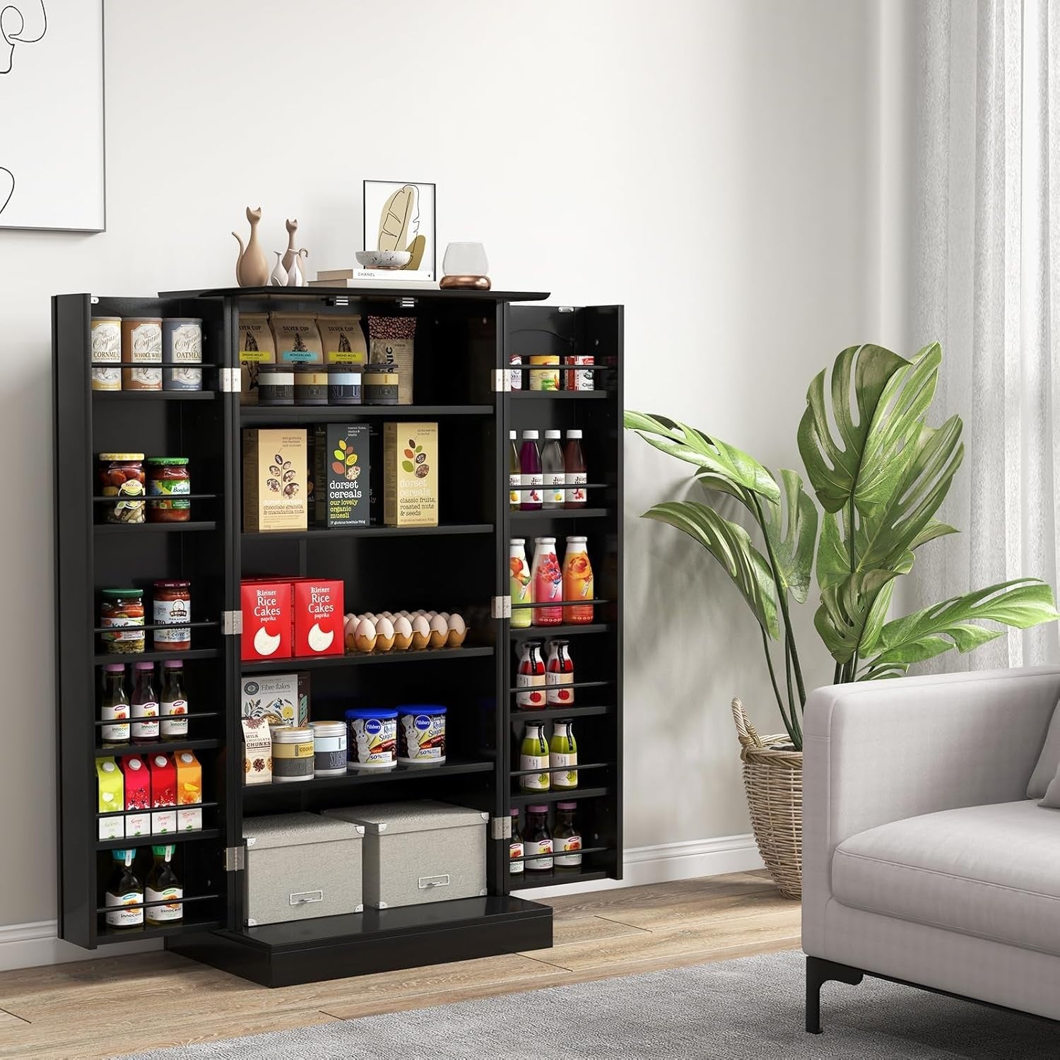 Compact Black Pantry Cabinet with 2 Doors and 17 Storage Shelves
