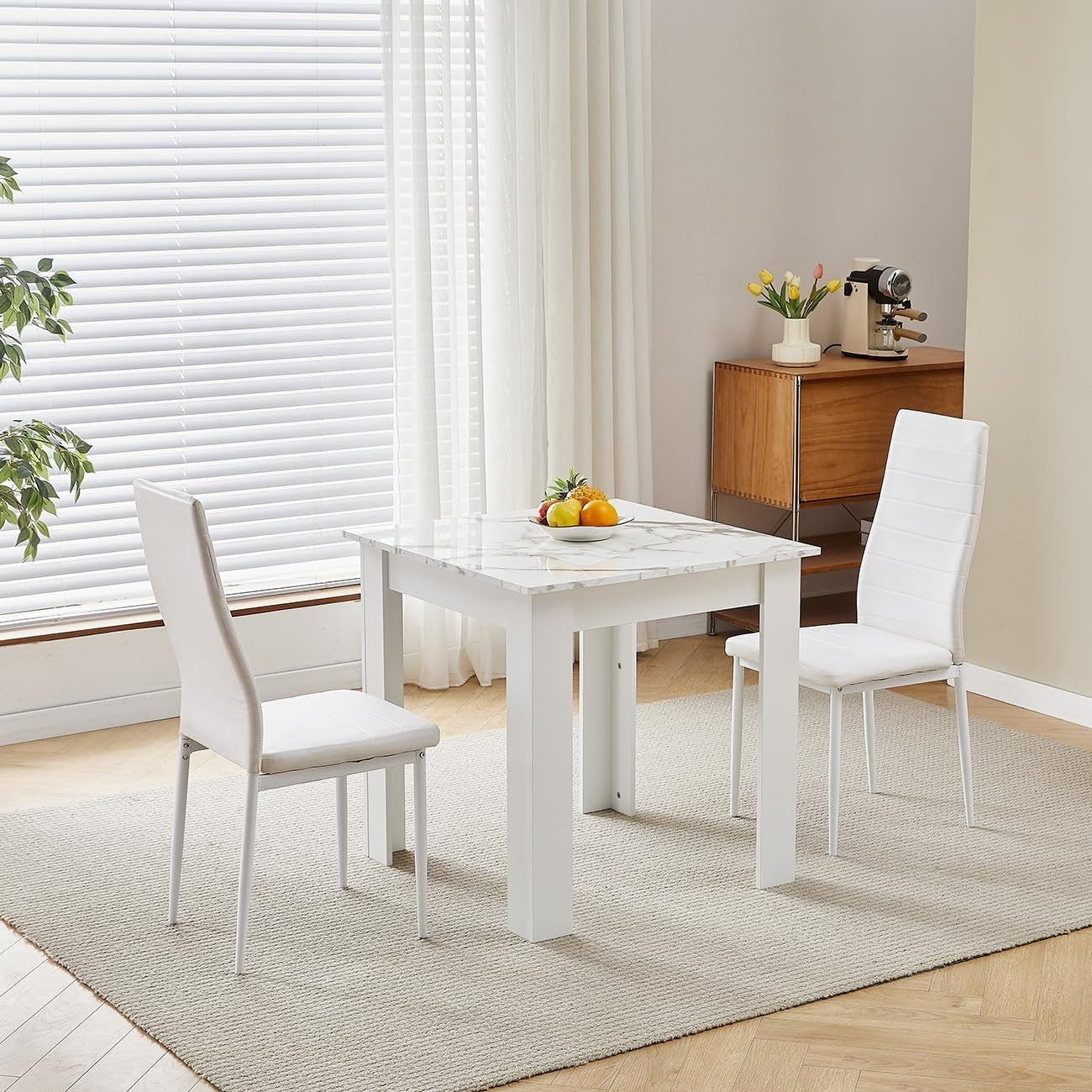 3 Piece Marble Dining Table Set with 2 White PU Chairs for Small Spaces