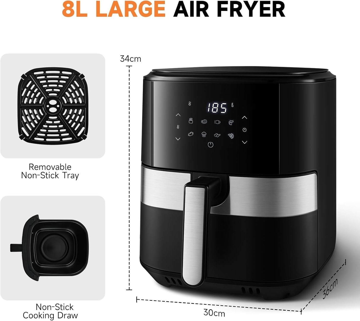 8L Digital Air Fryer | Touchscreen | 8 Presets | Non-Stick | 60-Min Timer 1500W