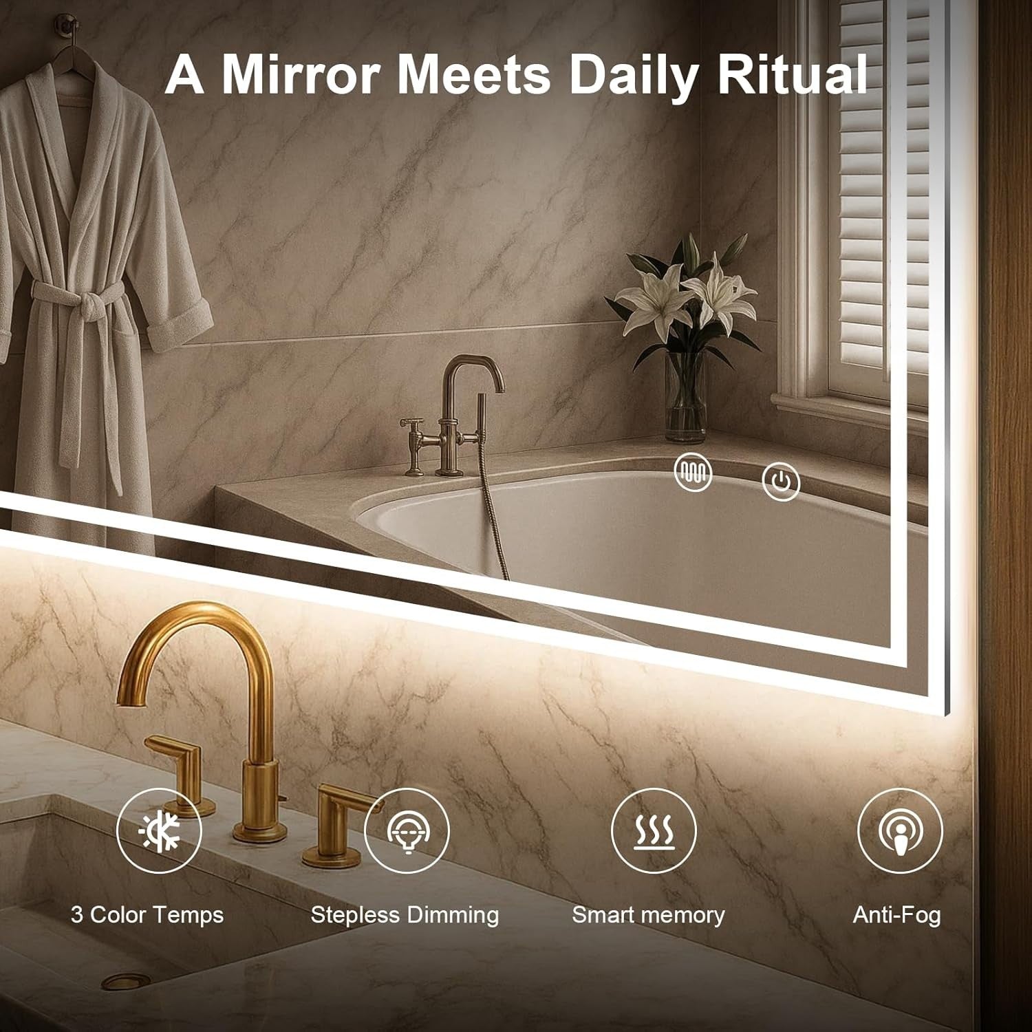 LED Bathroom Mirror 100x60cm Touch Sensor Anti-Fog Waterproof Wall Mount