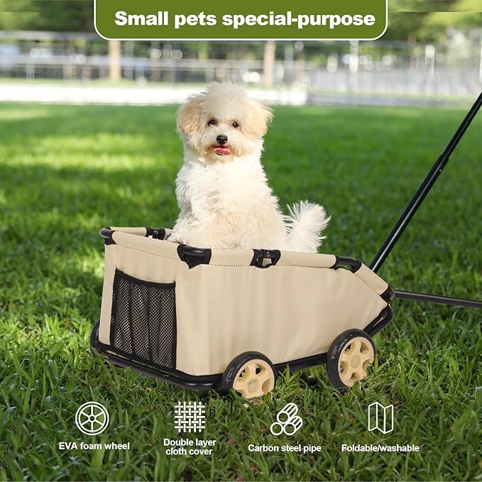 Pull Along Pet Wagon Mini Dog Travel Cart Foldable Wheels Khaki