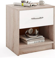 Modern Wooden Bedside Table with Drawer & Open Shelf, Small Nightstand